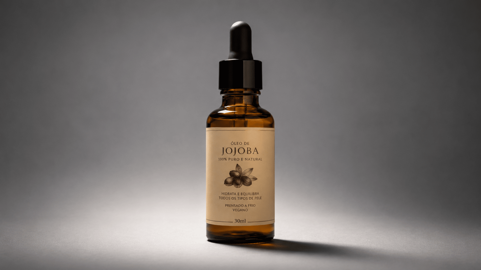 Frasco de óleo de jojoba com conta-gotas, indicado para hidratar e dar brilho natural aos cabelos.