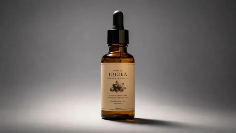 Frasco de óleo de jojoba com conta-gotas, indicado para hidratar e dar brilho natural aos cabelos.