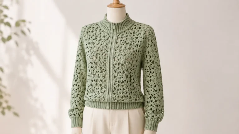 Blusa de crochê em manga longa verde clara exposta em manequim com visual sofisticado