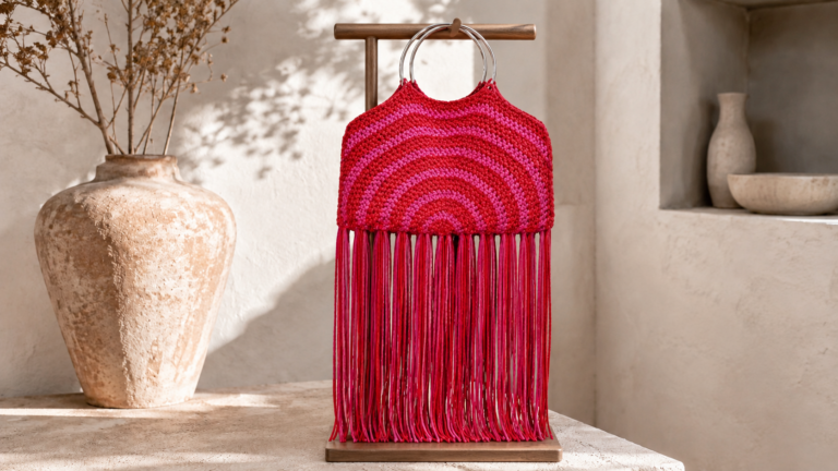 Bolsa clutch de crochê rosa e vermelha com franjas longas e alças metálicas