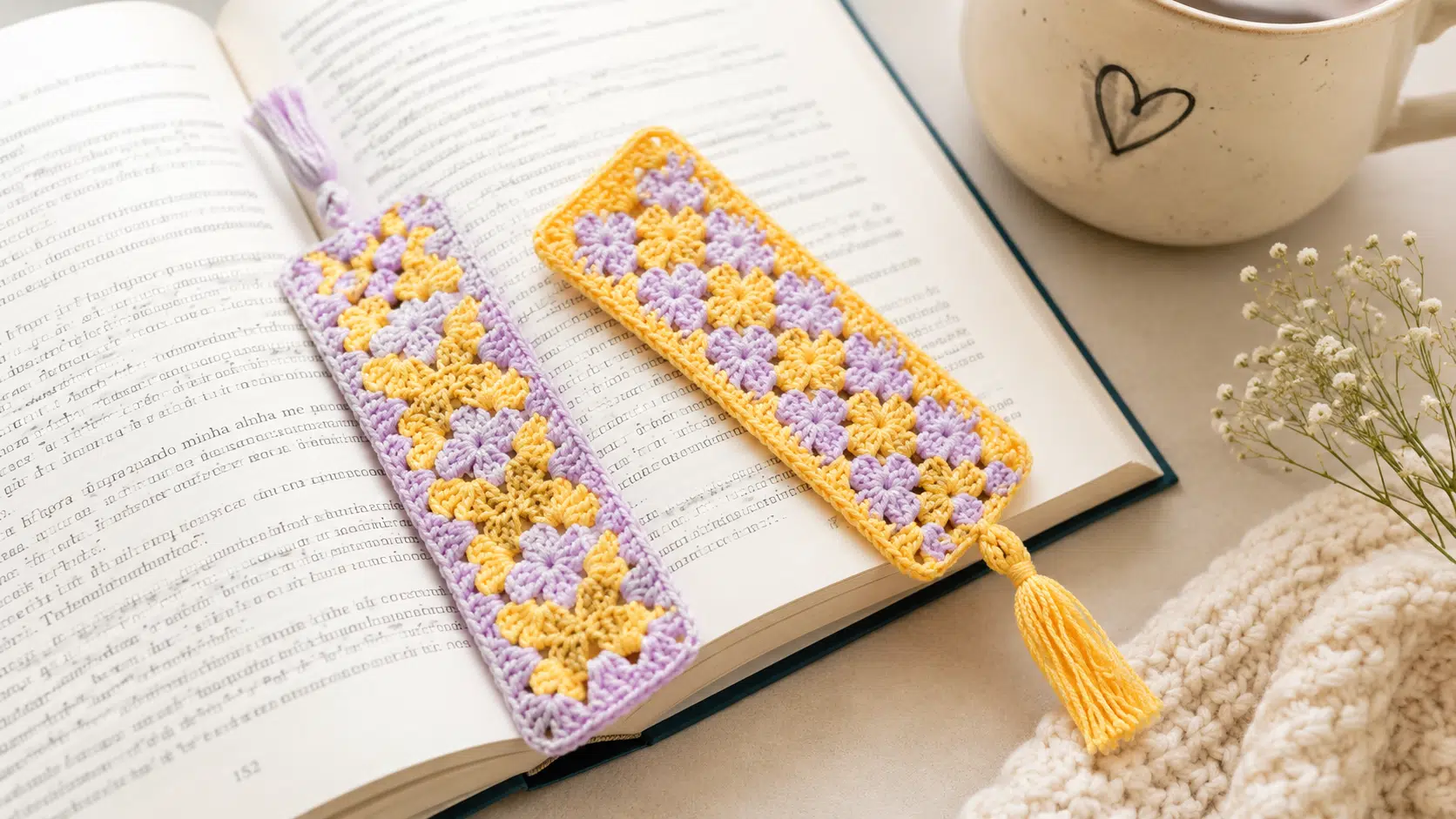 Dois marca-páginas de crochê em tons de lilás e amarelo sobre um livro aberto
