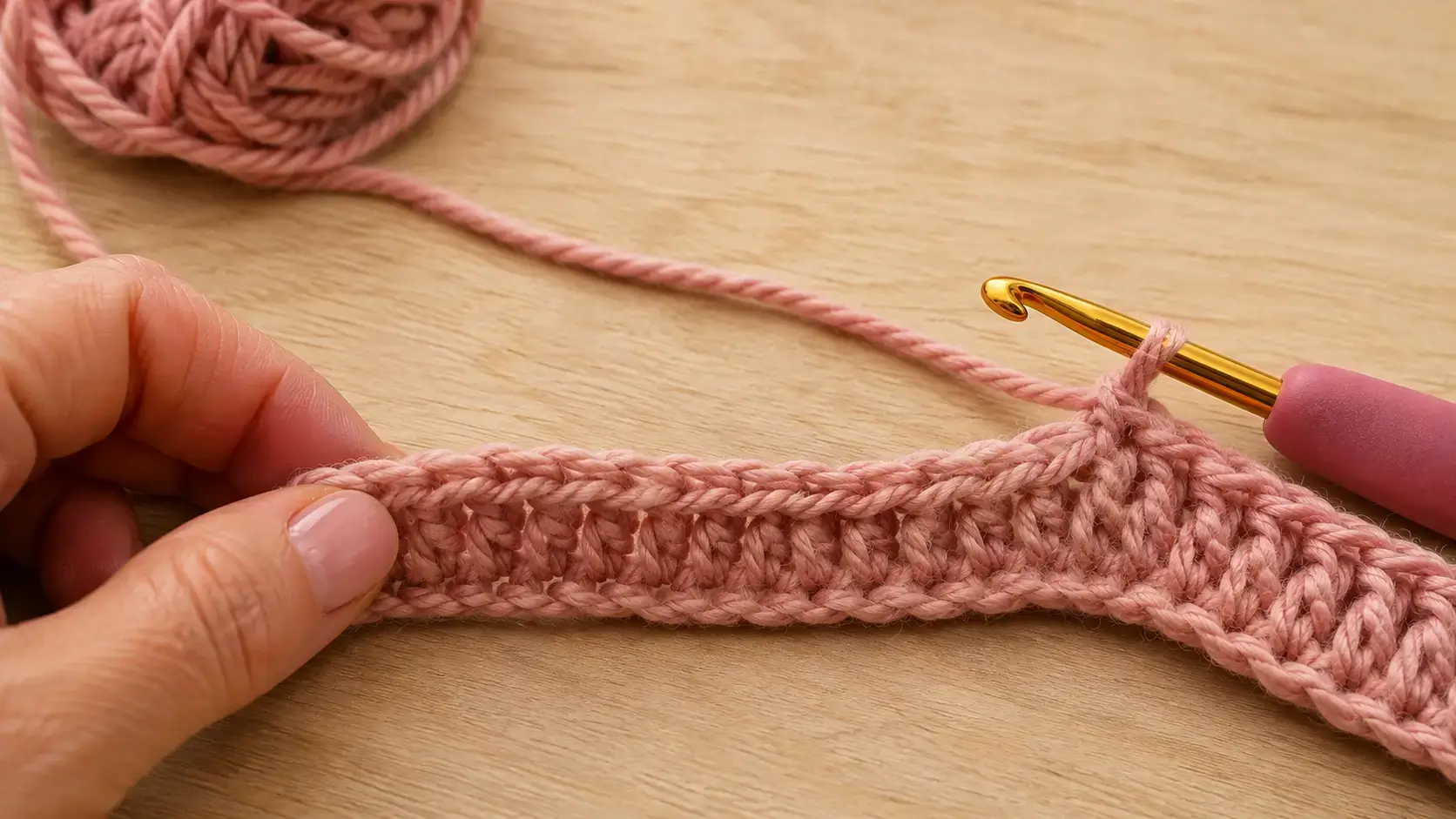 Primeira carreira do crochê repuxando enquanto é trabalhada com fio rosa e agulha de crochê