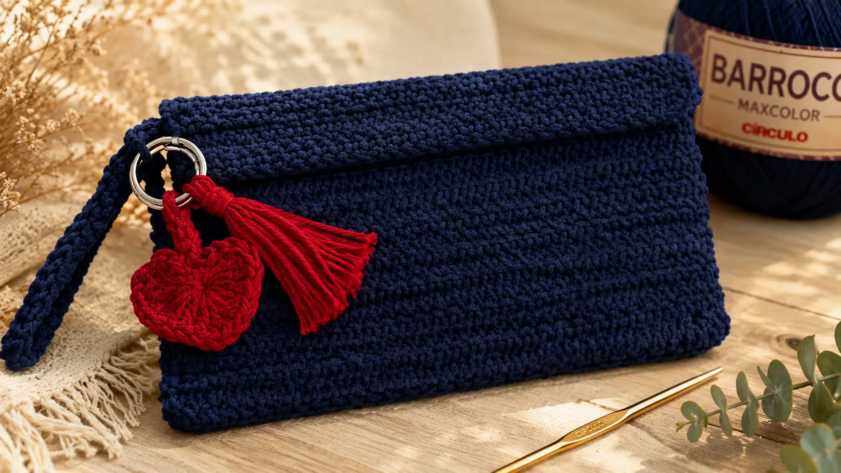 Kit Crochê Meu Primeiro Hobby Clutch Serena da Círculo com clutch de crochê azul-marinho, pingente de coração vermelho, novelo Barroco e agulha de crochê sobre mesa de madeira.