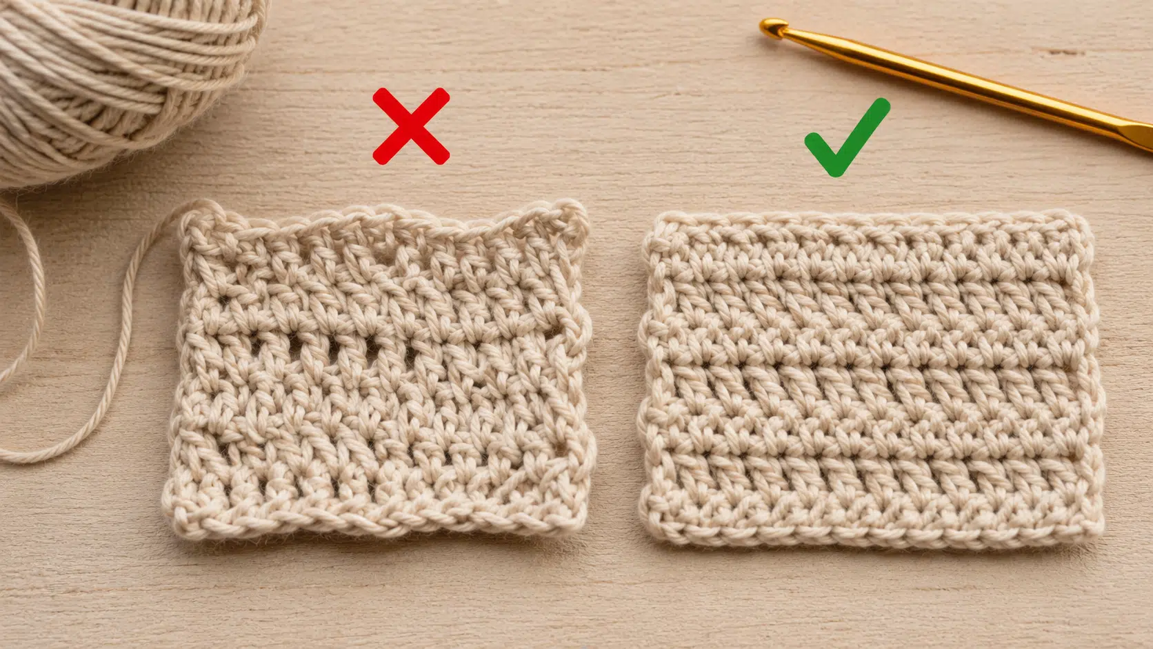 Comparação entre uma amostra de crochê com pontos tortos e outra com pontos uniformes, mostrando como a tensão do fio influencia no acabamento da peça.
