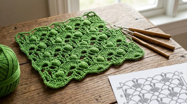 Amostra de crochê verde em andamento sobre mesa de madeira rústica, acompanhada de agulhas de madeira, novelo de linha e folha com gráfico do ponto no canto.