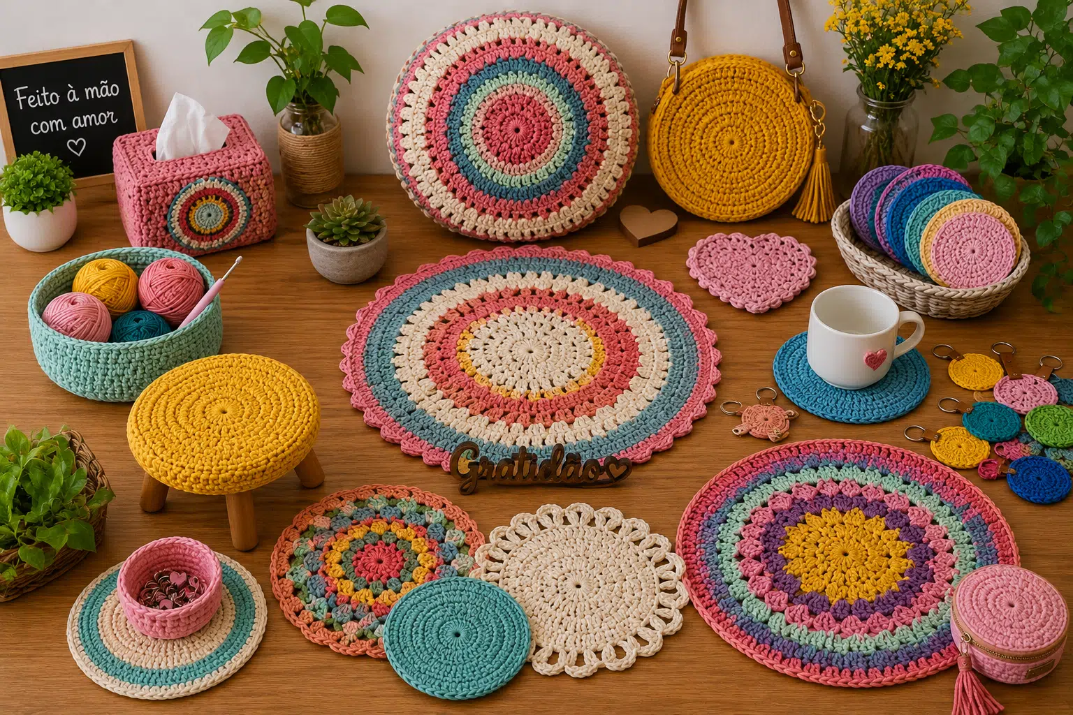 Diversas peças coloridas de crochê circular feitas à mão, incluindo bolsas, sousplats, cestos, porta-copos, almofadas e peças decorativas.
