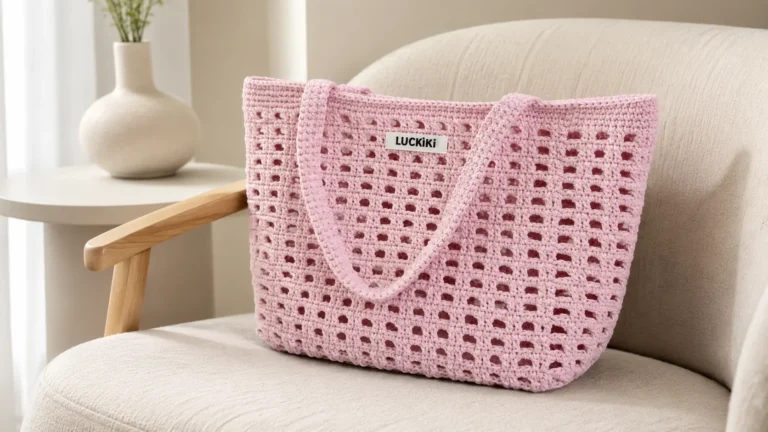 Bolsa de crochê rosa estruturada em ambiente minimalista com poltrona bege