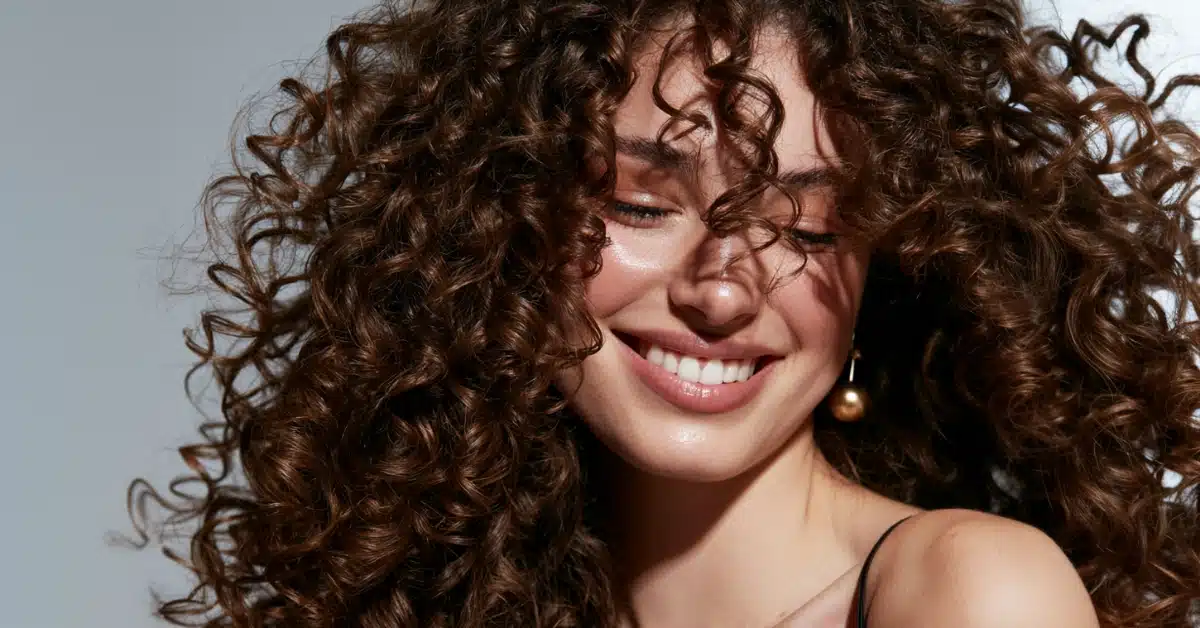Mulher sorrindo com cabelos cacheados volumosos, definidos e brilhantes, representando cuidados para manter os cachos saudáveis.