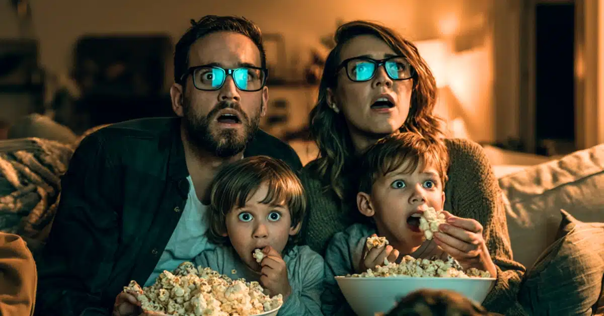 Família reunida no sofá assistindo a um filme com pipoca, representando uma sessão de cinema em casa no fim de semana.