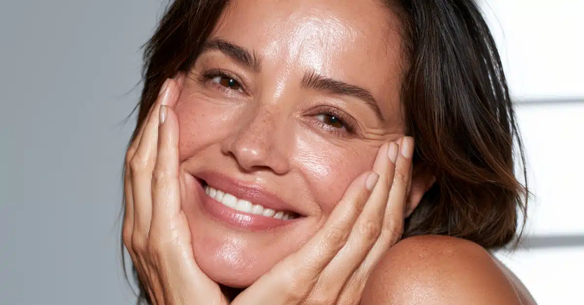 Mulher madura sorrindo e tocando o rosto, representando cuidados com a pele e produtos voltados ao rejuvenescimento facial.