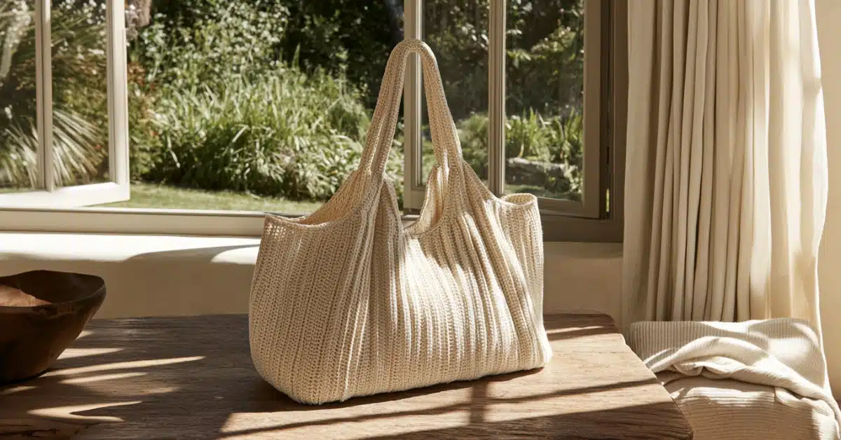 Bolsa de crochê bege com alças largas sobre mesa de madeira, representando modelos artesanais elegantes em tendência para 2026.