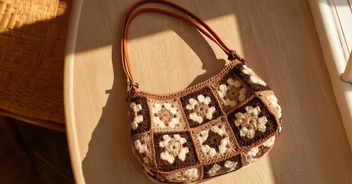 Bolsa feita com quadradinhos de crochê em tons de marrom e bege, com motivos florais e alças compridas.