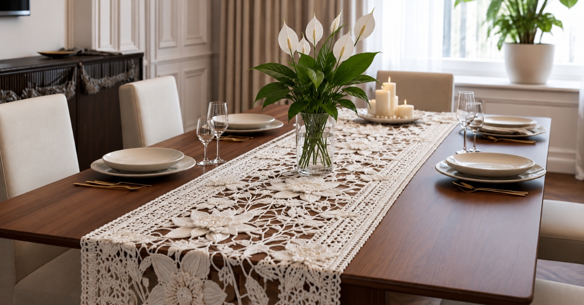 Caminho de mesa em crochê branco com flores decorando uma mesa de jantar de madeira.