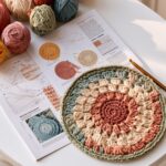 Amostra circular de crochê colorido com novelos, agulha e gráficos de pontos sobre uma mesa.