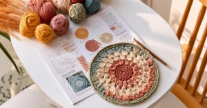 Amostra circular de crochê colorido com novelos, agulha e gráficos de pontos sobre uma mesa.