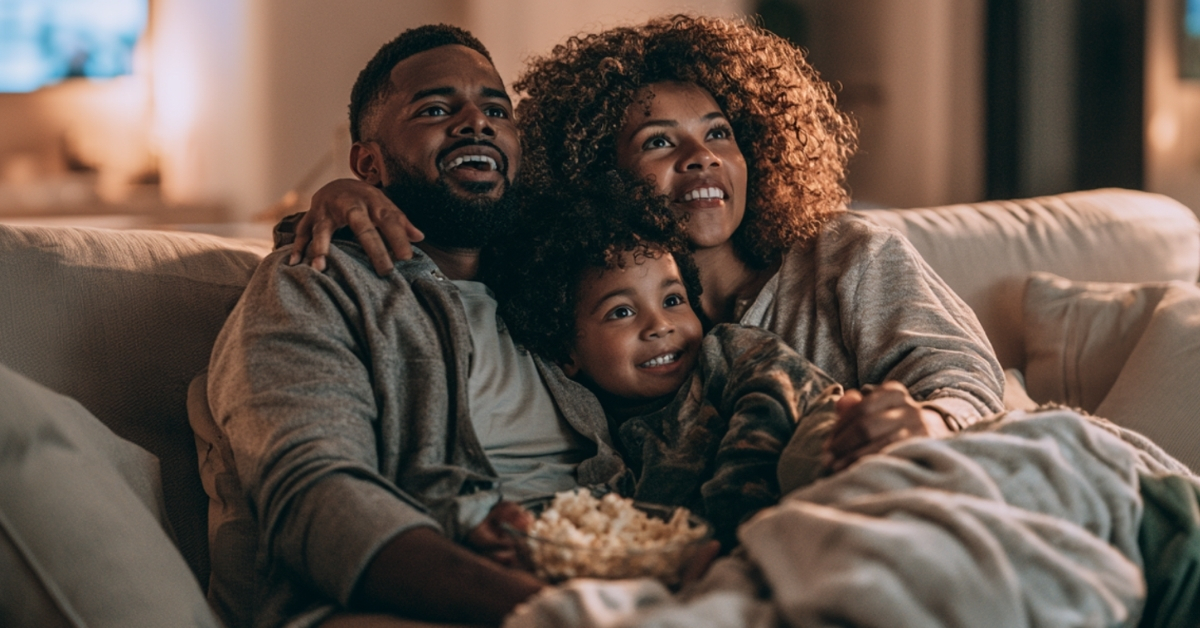 Família reunida no sofá assistindo a uma produção de streaming enquanto compartilha pipoca.