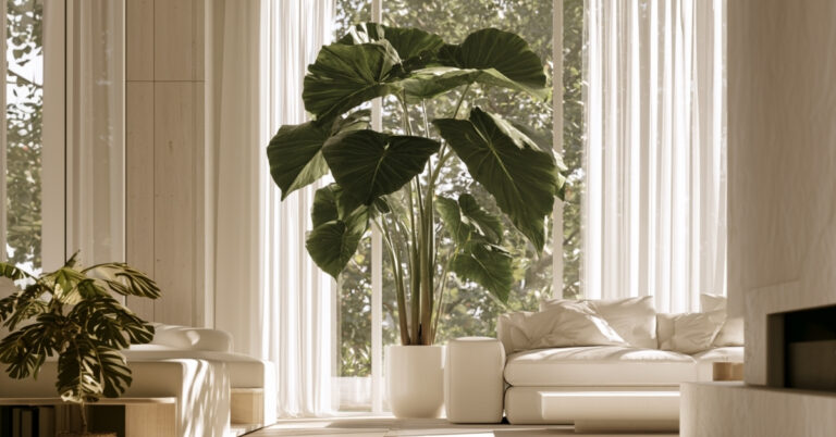 Planta orelha-de-elefante em vaso branco decorando uma sala iluminada próxima a uma grande janela.
