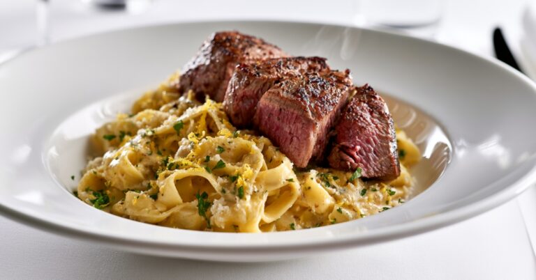 Pappardelle ao limone servido com filé mignon fatiado, em apresentação sofisticada de restaurante.