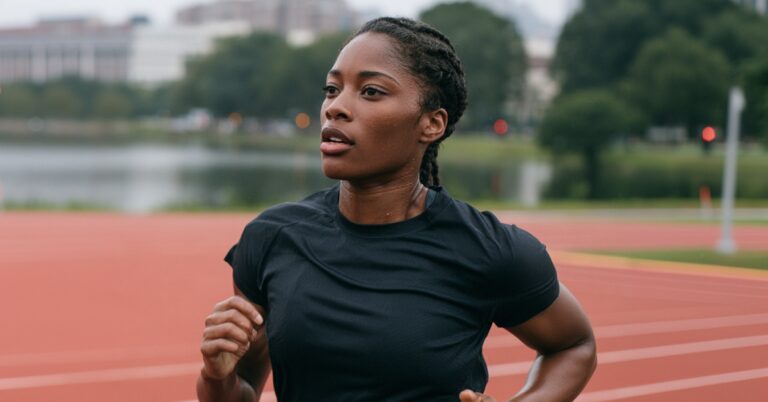 Mulher correndo em pista de atletismo durante treino ao ar livre, ilustrando a comparação entre caminhada e corrida para emagrecer.