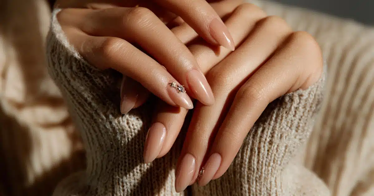 Mãos com unhas longas amendoadas pintadas em tom nude claro e delicado detalhe de strass.