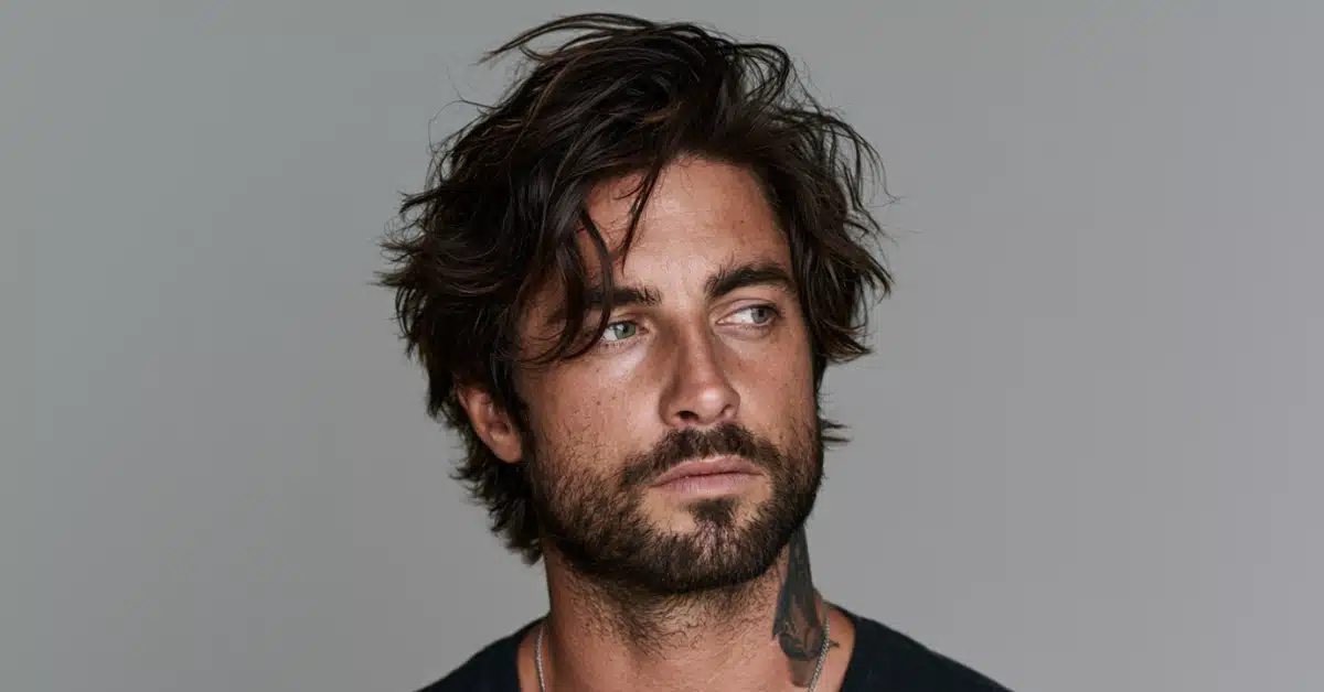 Homem com cabelo médio, volumoso e levemente ondulado, representando tendências de cortes masculinos para 2026.