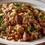 Prato de arroz carreteiro com carne, arroz e ervas frescas, receita tradicional da culinária brasileira.