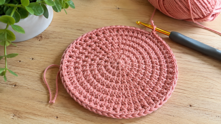 Crochê circular em formato de círculo plano com agulha e fio de crochê