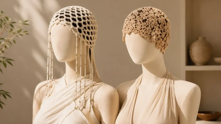 Dois manequins sem rosto usam headpieces de crochê em tons neutros, em ambiente sofisticado e minimalista com iluminação suave.