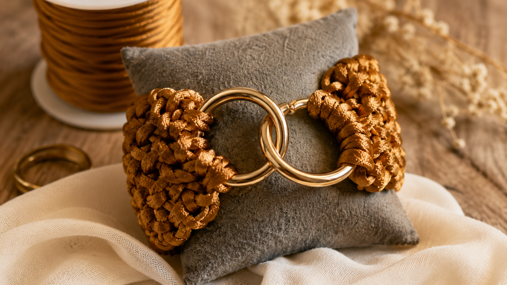 Bracelete de crochê feito com fio rabo de rato dourado e argola articulada
