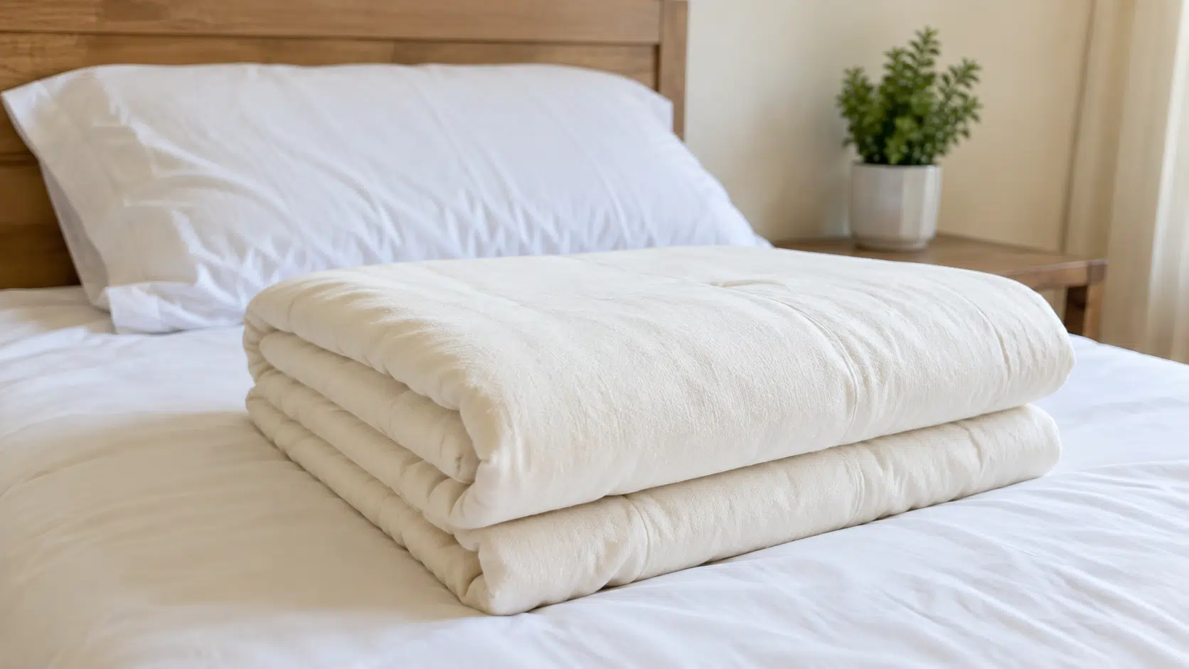Quarto de casa com cama arrumada e cobertor branco mostrando como deixar o ambiente com cheiro de hotel usando dicas simples de higienização.