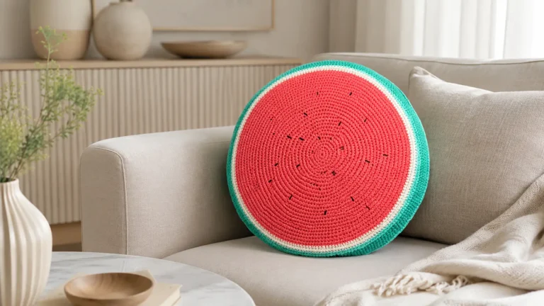 Almofada melancia em crochê apoiada em sofá claro, em uma sala minimalista, elegante e aconchegante.
