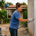 Mulher com luvas aplicando tinta branca com um rolo extensor em uma parede externa de chapisco. No chão de terra do quintal, repousa uma lata aberta de tinta acrílica premium.