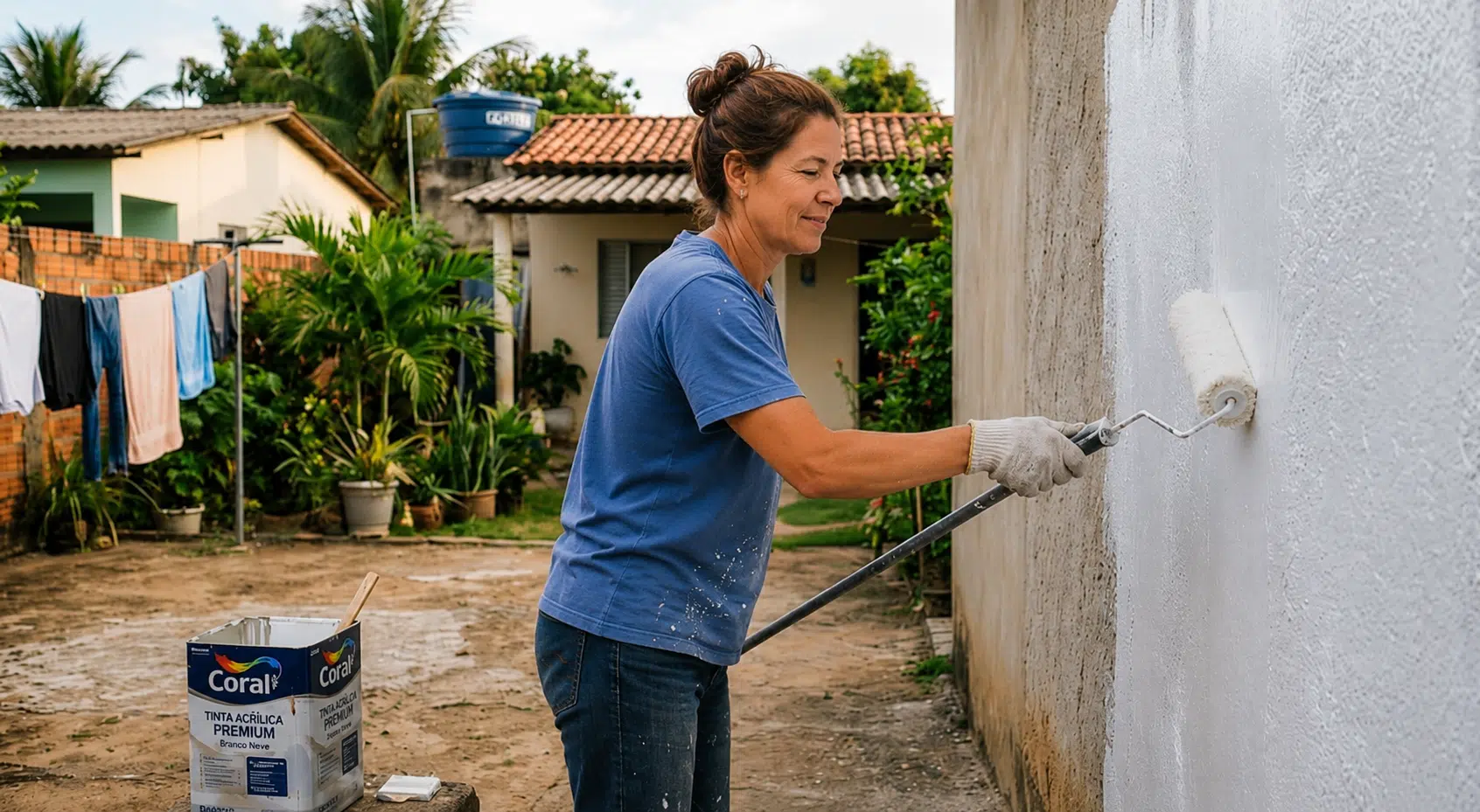 Mulher com luvas aplicando tinta branca com um rolo extensor em uma parede externa de chapisco. No chão de terra do quintal, repousa uma lata aberta de tinta acrílica premium.