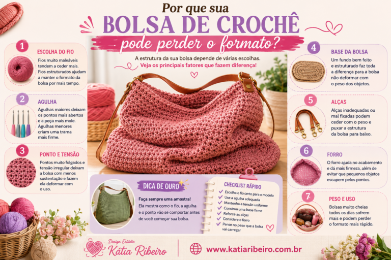 Infográfico: por que uma bolsa de crochê pode perder o formato? A escolha do fio, da agulha, do ponto, da tensão, da base, das alças e do forro pode fazer toda a diferença no resultado final. Foto Estúdio Kátia Ribeiro ©