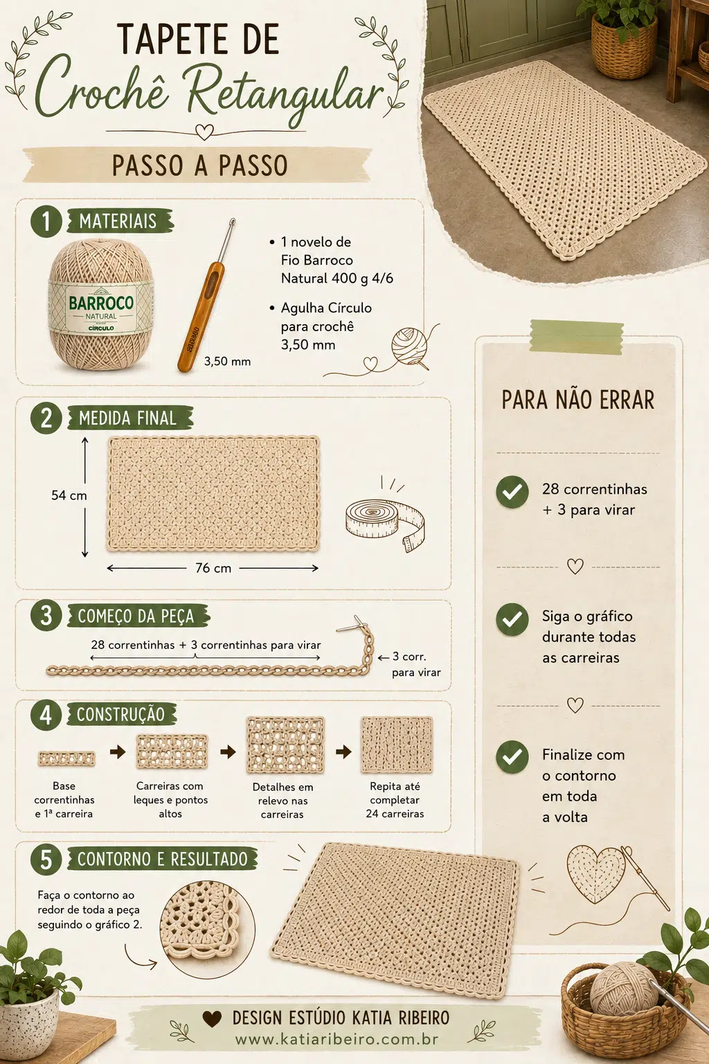 Tapete de Crochê Retangular com Gráfico e Passo a Passo