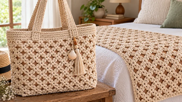 Bolsa e peseira de crochê bege feitas com ponto Princesa em ambiente aconchegante