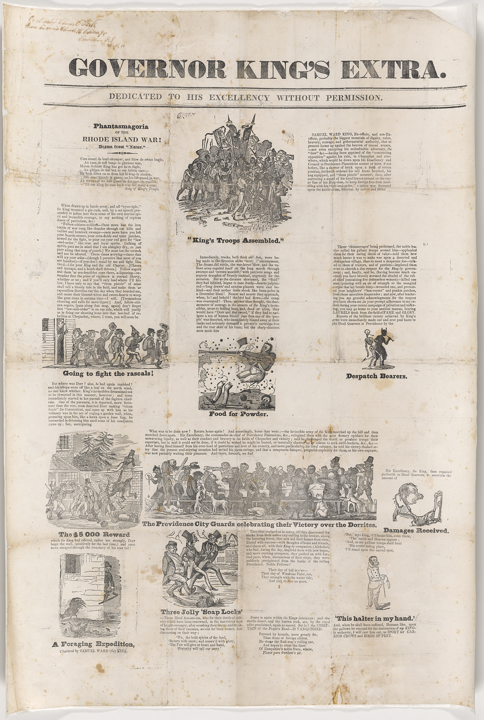 Broadside illustrated by ten caricature wood engravings with captions. Includes poetry. Heading reads, Phantasmagoria of the Rhode island War!