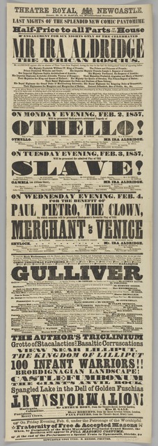 A large letterpress playbill printed on very thin paper in black ink. “Theatre Royal Newcastle” is printed in the head. “Mr. Ira Aldridge” is printed as the top billing.