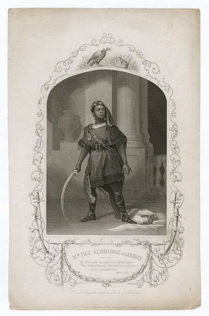 Black and white illustration shows full-length portrait of Ira Aldridge as Aaron, dressed in period clothing and holding a scimitar in his downturned right hand.