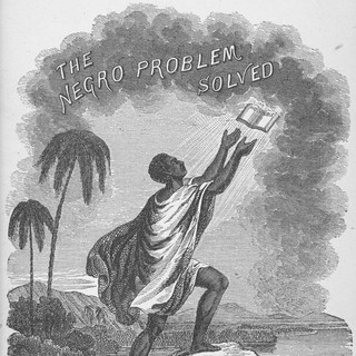 A black-and-white illustration of a Black person wearing a loose white garb while they step onto a rock with one foot. Their arms are stretched out and up toward a book in the sky. Above the book in the sky are the words "The Negro Problem Solved" within the clouds. It appears they are on an island with palm trees in the background and water surrounding. Artist credit: Hollis Read, 1864. Source: Schomberg Center for Research in Black Culture, Manuscripts, Archives, and Rare Books Division.