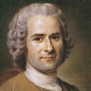 A painting portrait of Jean-Jacques Rousseau. He is wearing a jacket over a white high-neck shirt. I think he has a powdered wig, but I am not sure. His hair is very curly. He is looking directly at the viewer.