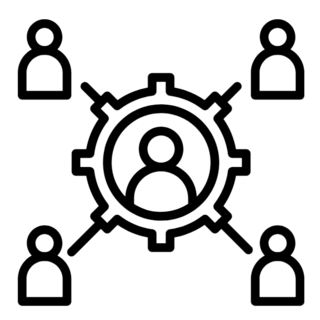a circular-shaped vector graphic with a transparent background. There is a person icon in the middle of a gear. Outside of the gear, 4 lines extend out toward 4 other person-icons to indicate that that those 4 people are each connected to the middle person.