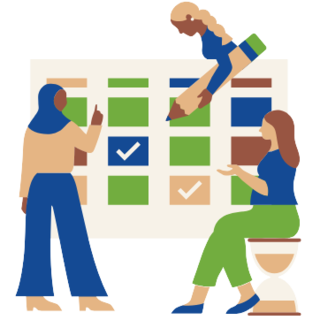 The thumbnail is a graphic illustration of a large calendar with three young women surrounding it. One woman is holding an over-sized pencil as if to write on the calendar and she appears to be standing behind the calendar. The second woman is standing in front of the left side of the calendar and pointing at it. The third woman is seated atop a large sand hourglass and her hand position suggests she is proposing an idea. The calendar is multi-colored and has large check marks on two of the days in the middle. The creator of the graphic is Stelle Butalid of sparklestroke.