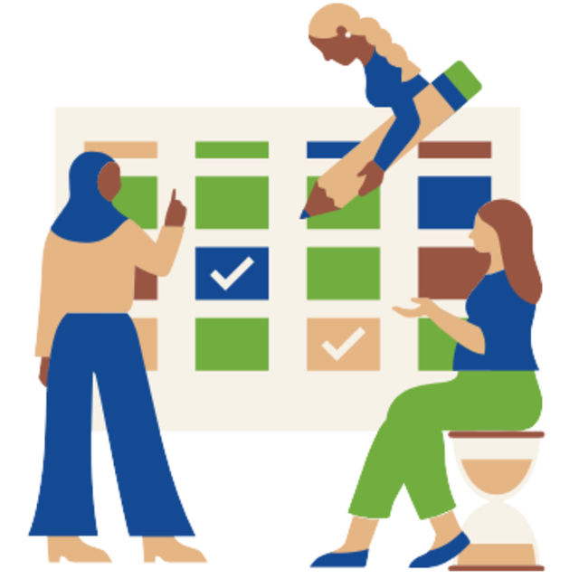 The thumbnail is a graphic illustration of a large calendar with three young women surrounding it. One woman is holding an over-sized pencil as if to write on the calendar and she appears to be standing behind the calendar. The second woman is standing in front of the left side of the calendar and pointing at it. The third woman is seated atop a large sand hourglass and her hand position suggests she is proposing an idea. The calendar is multi-colored and has large check marks on two of the days in the middle.