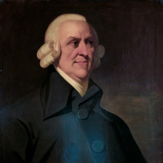 A painting of Adam Smith. He is wearing a dress jacket with large buttons in the front and a large collar. It appears he is wearing a powdered wig that has two large rows of curls on wither side. The Muir portrait of Adam Smith. Artist Unknown.
