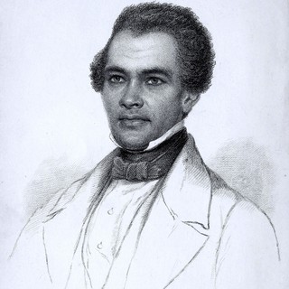 A pencil-drawn portrait of William Wells Brown. He is wearing a suit with a bow-tie. His hair is styled in a short afro. He is depicted looking slightly to the left. Artist: R. Goodman. Year: 1855. From: The American Fugitive in Europe