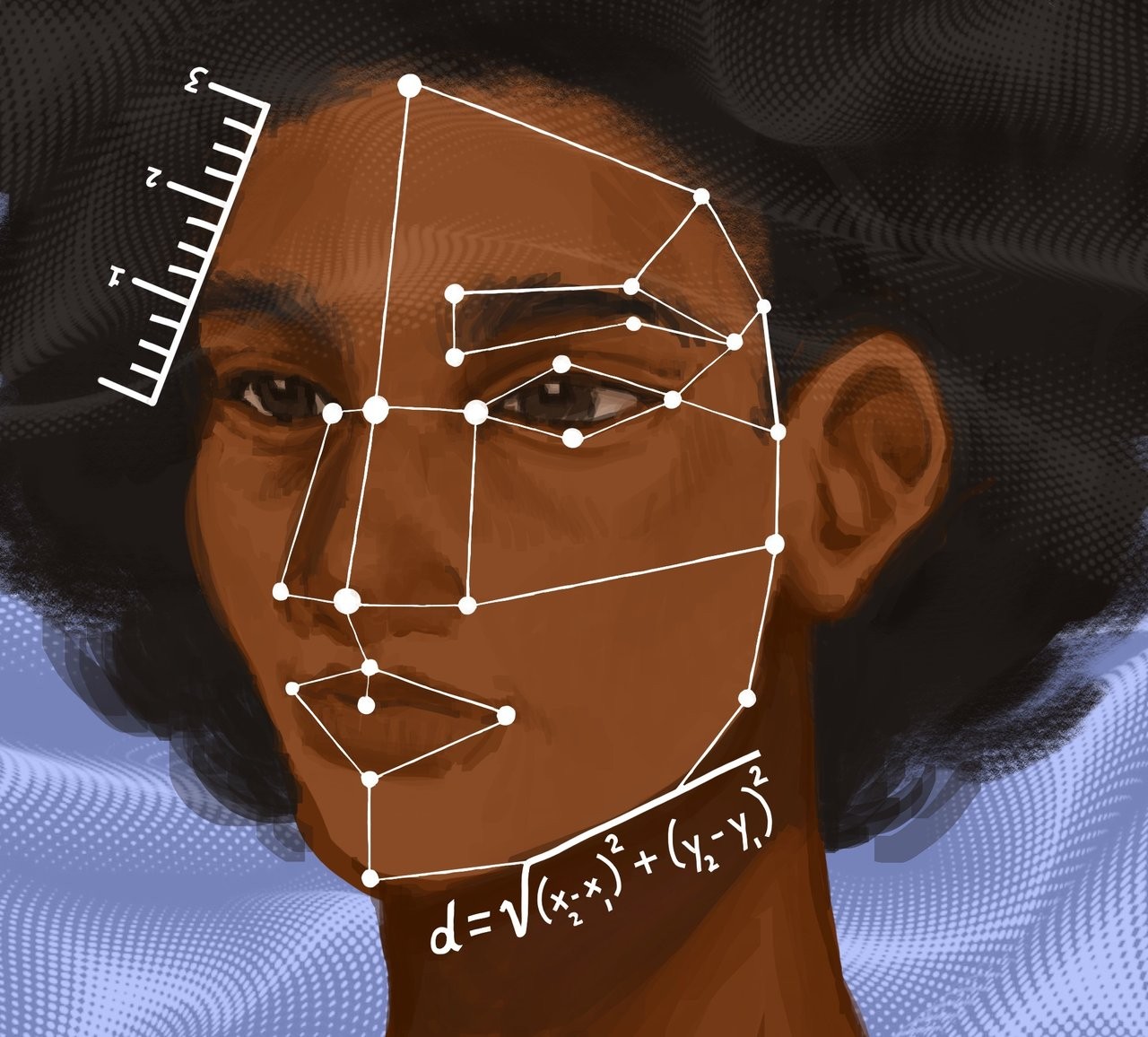 A digital painting depicts a Black woman in three-quarter view against a blue, halftone-patterned background. Across her face runs a white wireframe of connected dots—the landmark points a facial-recognition system uses to map and measure a face.