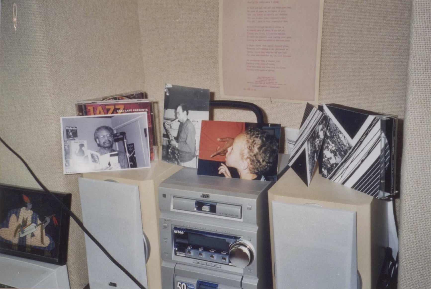 3 photos taken by Godelieve during the recording of my CD Middle Passage in Noah Howard's recording studio in Teruven, Belgium; me reading, Noah on sax, technician Rene's son near Rene's fingers, and her cover art for the CD. Behind all, on my wall, is Broadside Press's poster poem #15, Jean Toomer's "Song of the Son." JAE 25.04.2007 in Paris