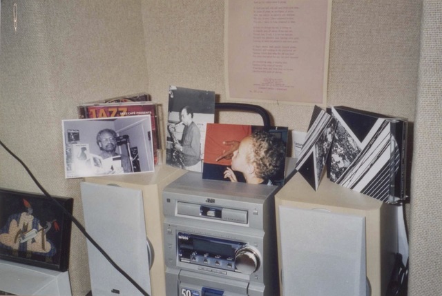 3 photos taken by Godelieve during the recording of my CD Middle Passage in Noah Howard's recording studio in Teruven, Belgium; me reading, Noah on sax, technician Rene's son near Rene's fingers, and her cover art for the CD. Behind all, on my wall, is Broadside Press's poster poem #15, Jean Toomer's "Song of the Son." JAE 25.04.2007 in Paris