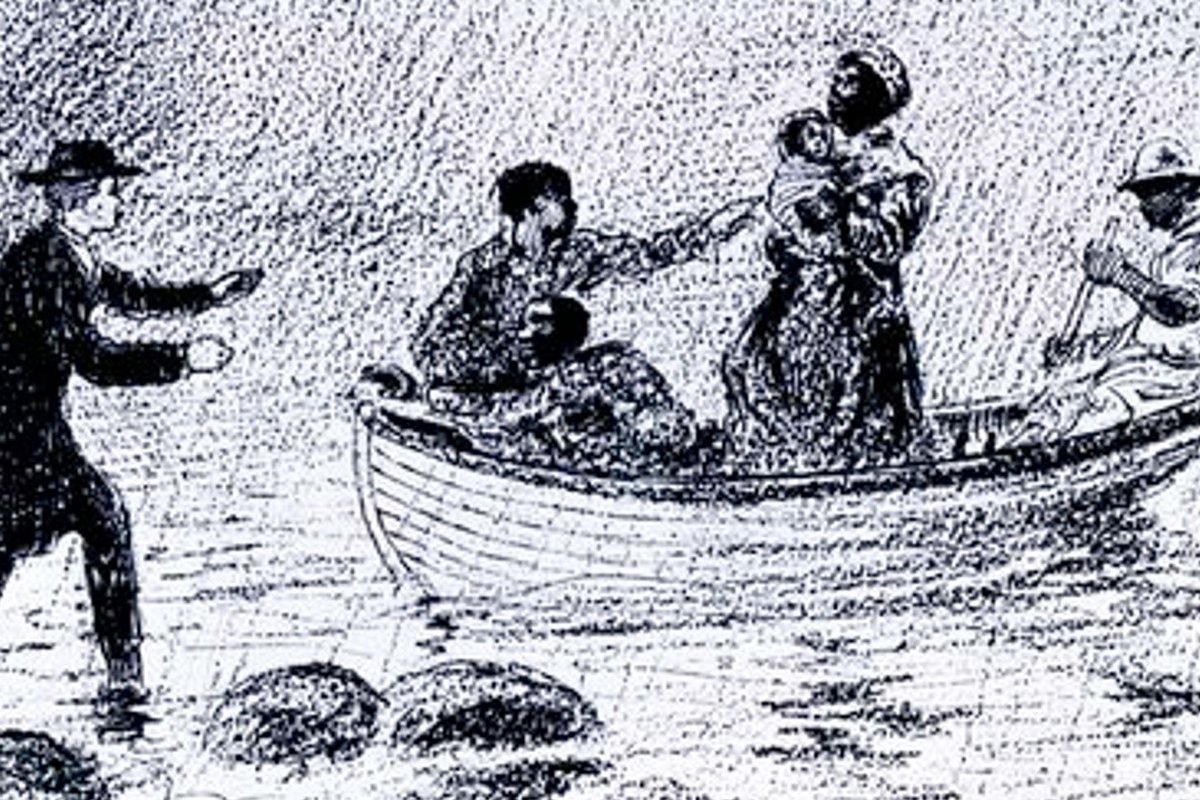 A conductor on shore reaches out toward a rowboat carrying an arriving family in a 19th-century pen-and-ink Underground Railroad scene.
